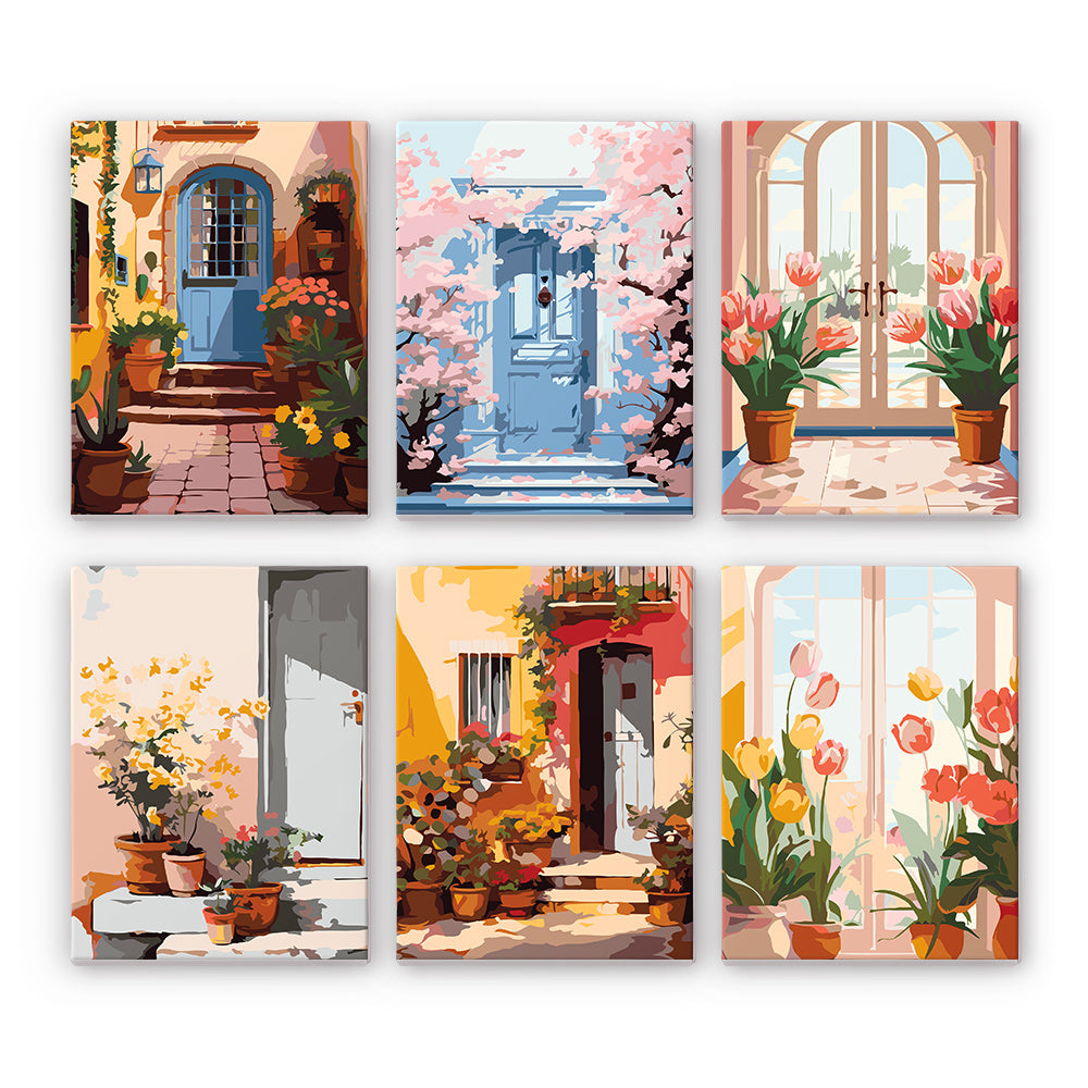 Doorways and Flowers 6 Mini Canvas Paint by Numbers Set