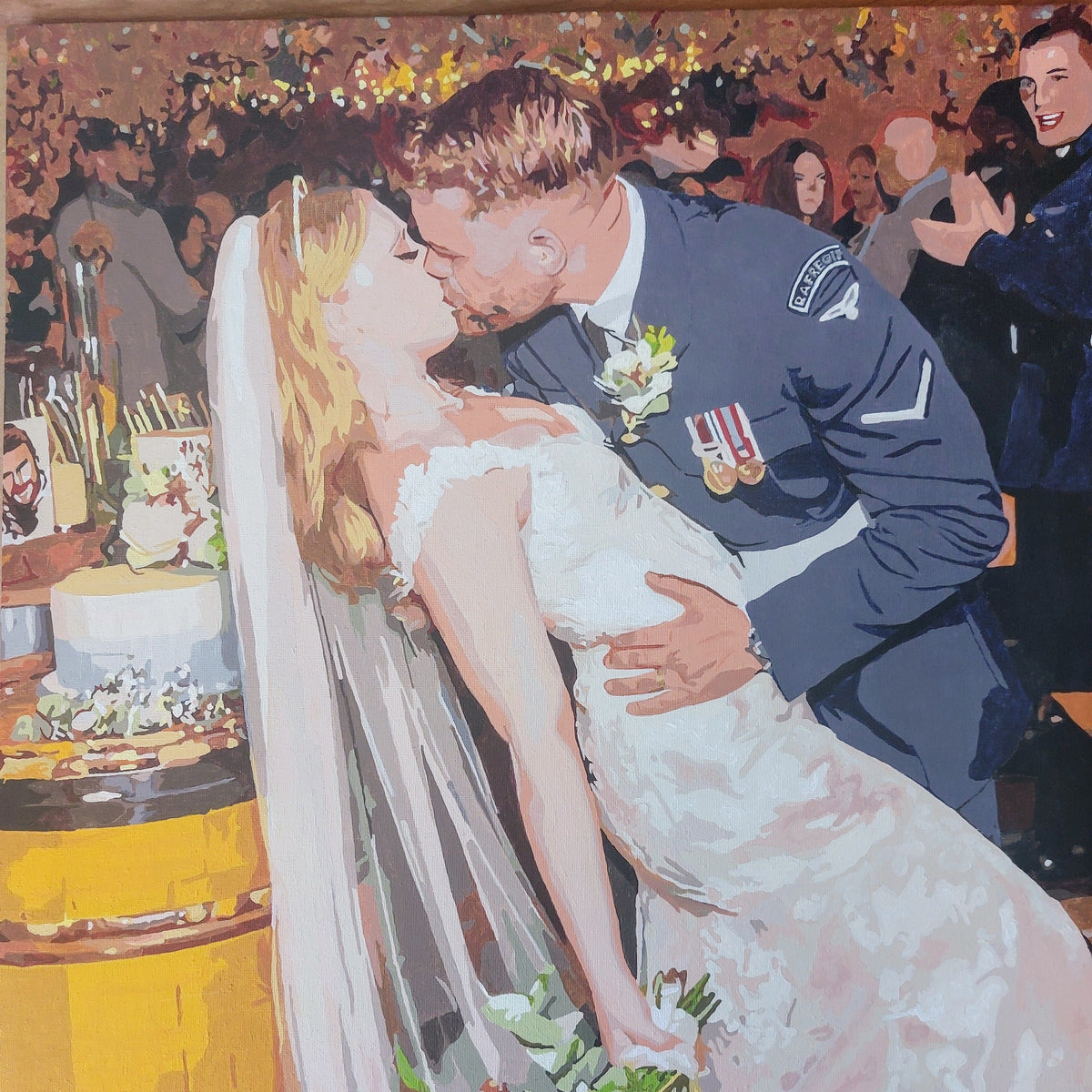 A custom paint by numbers canvas made from a couple's wedding photo, given as a wedding gift.
