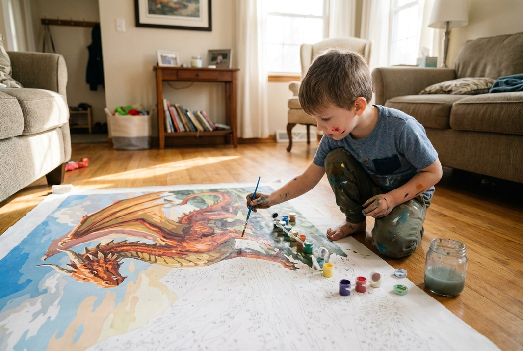 A boy painting a full-size dragon paint by numbers canvas at a table, with paint pots beside him.