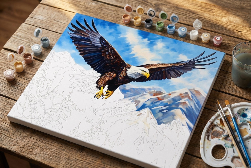 A bald eagle paint by numbers canvas partly painted, with paint pots beside it, as a gift for him.