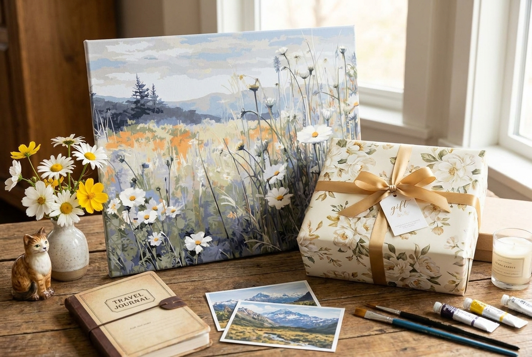 A finished floral paint by numbers canvas on a table, wrapped as a gift for her.