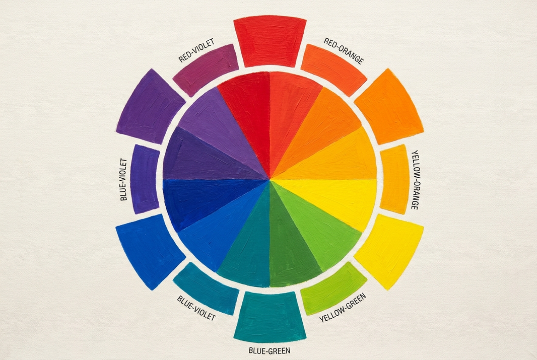 A twelve-part color wheel with the six tertiary colors labeled between the primaries and secondaries.
