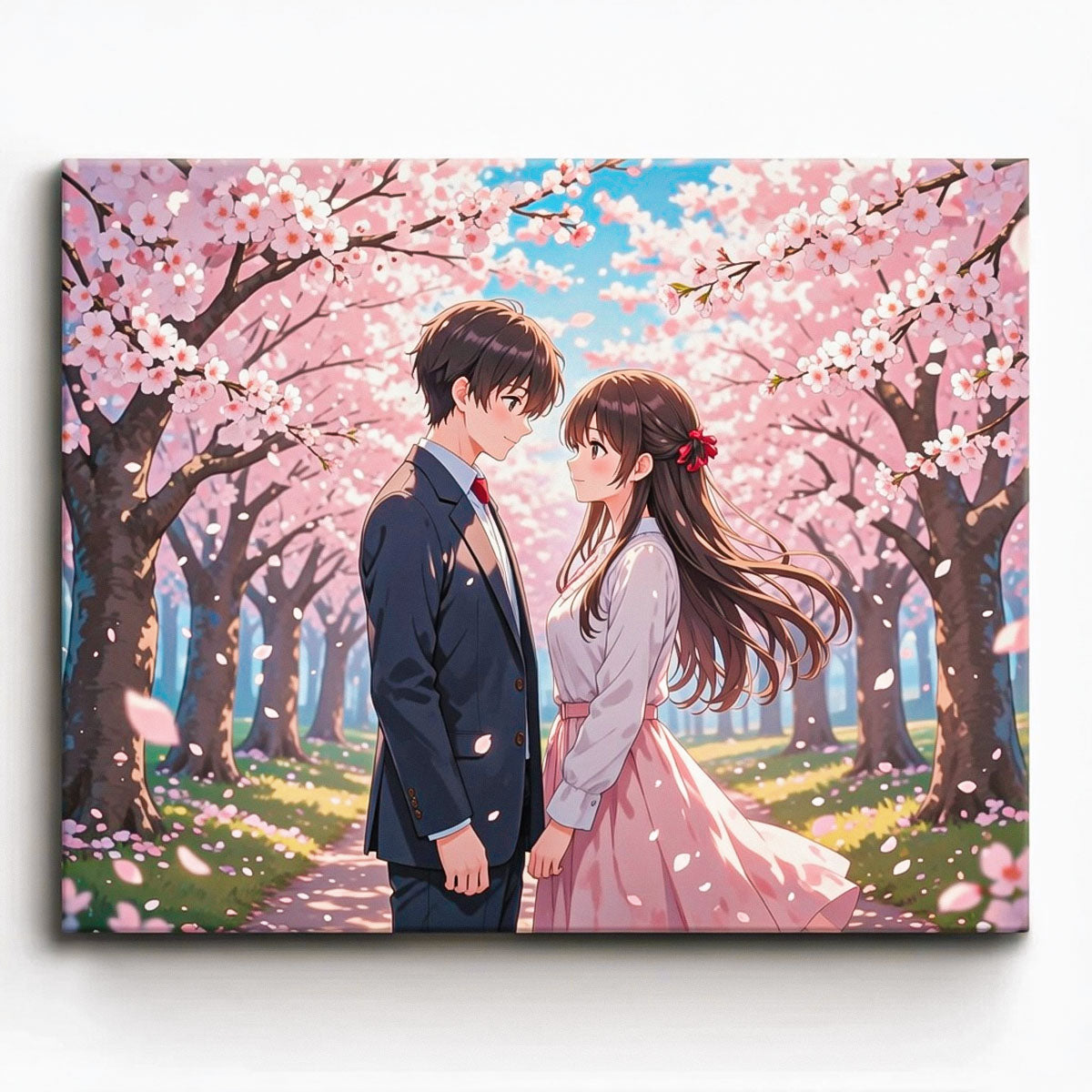 Anime Paint by Numbers Kits featuring romantic anime couple under cherry blossom trees