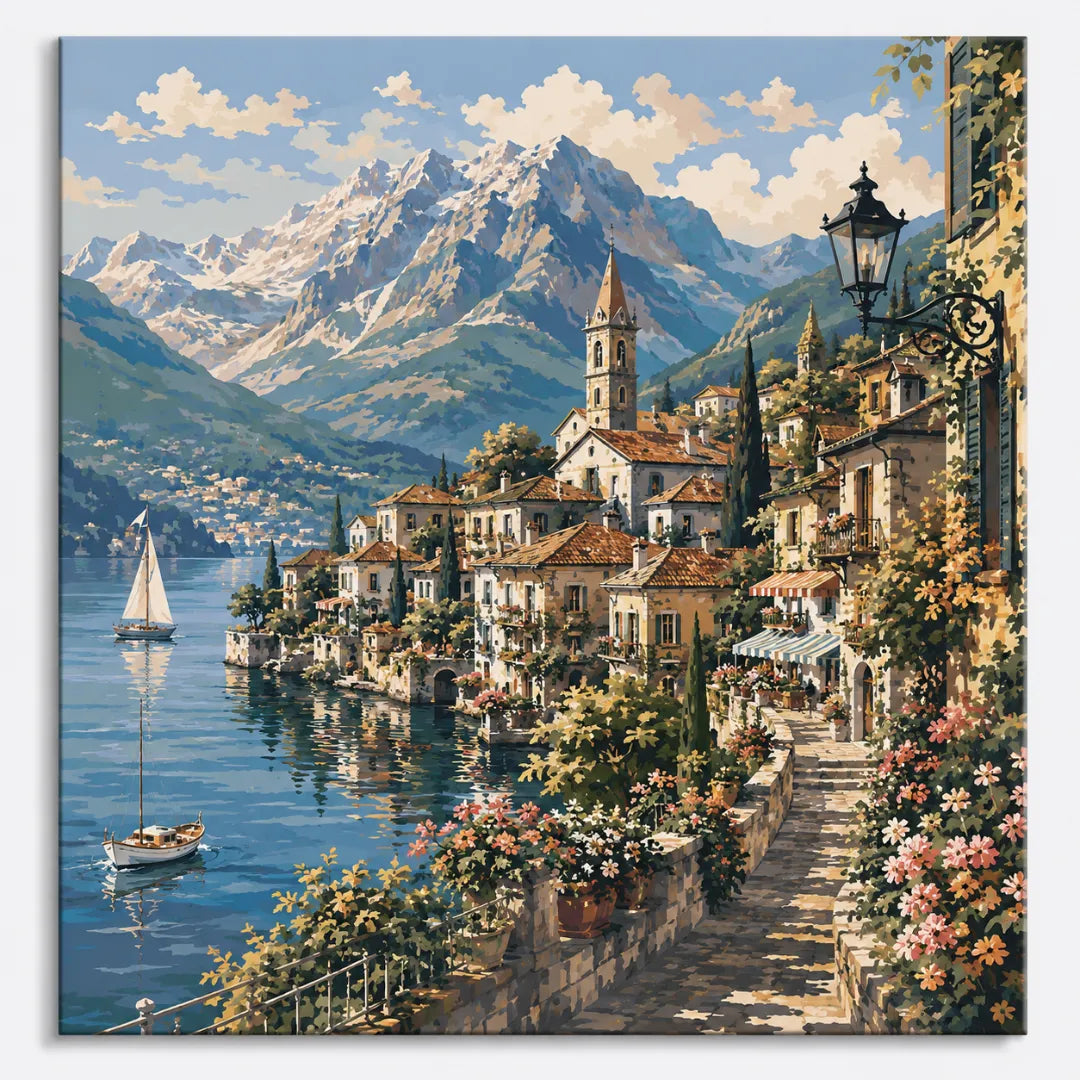 Advanced Paint by Numbers Kits featuring detailed European lakeside village and mountain scenery
