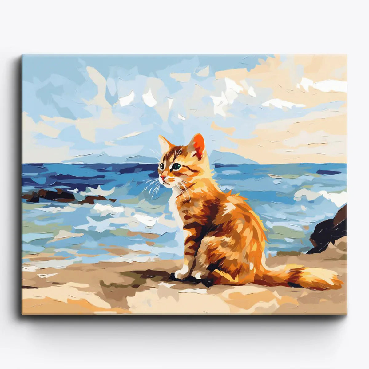 Animal paint by numbers kits featuring a cat by the ocean