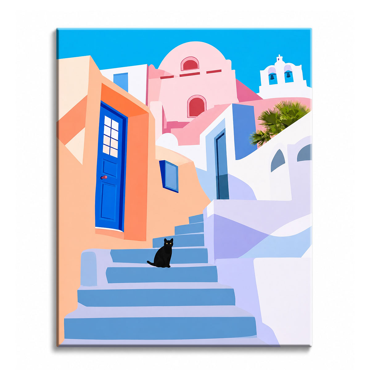 A black cat sitting on pale blue steps between peach walls and a pink Greek chapel, illustrated as a paint by numbers canvas.