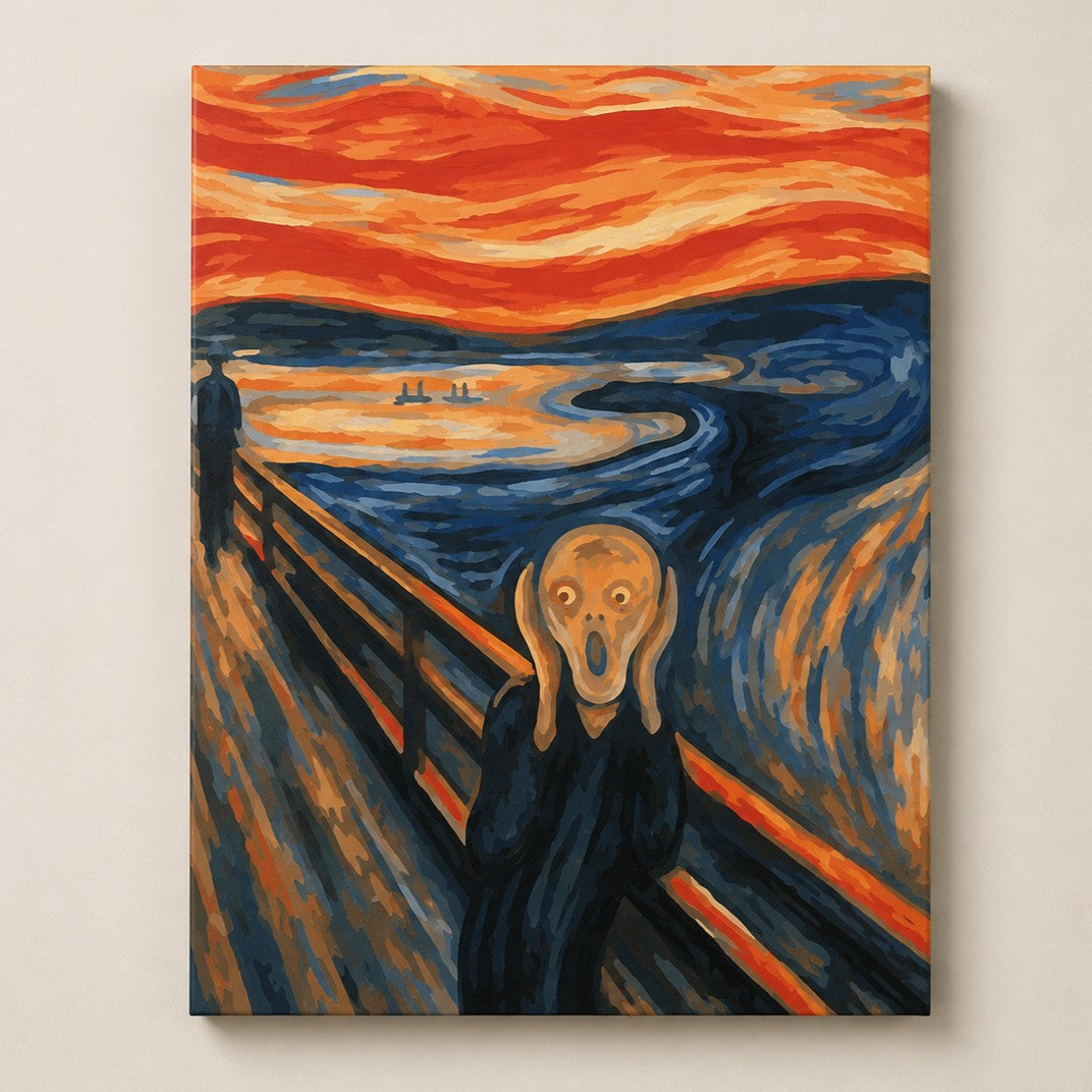 Easy Famous Paintings paint by numbers kit inspired by The Scream artwork with bold sky colors