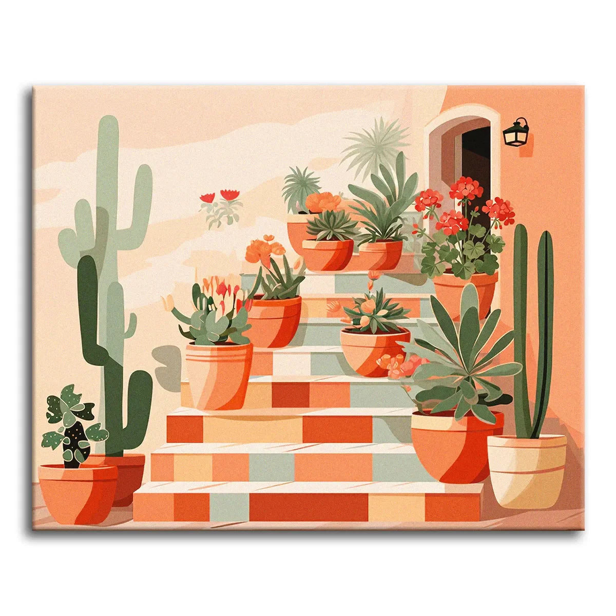 Easy paint by numbers kit for adults featuring desert cactus plants and pastel stairway scene