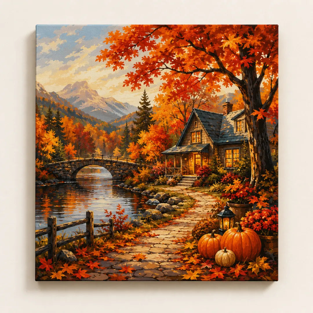 Fall Paint by Number Kits featuring cozy autumn landscape with colorful fall leaves and seasonal scenery