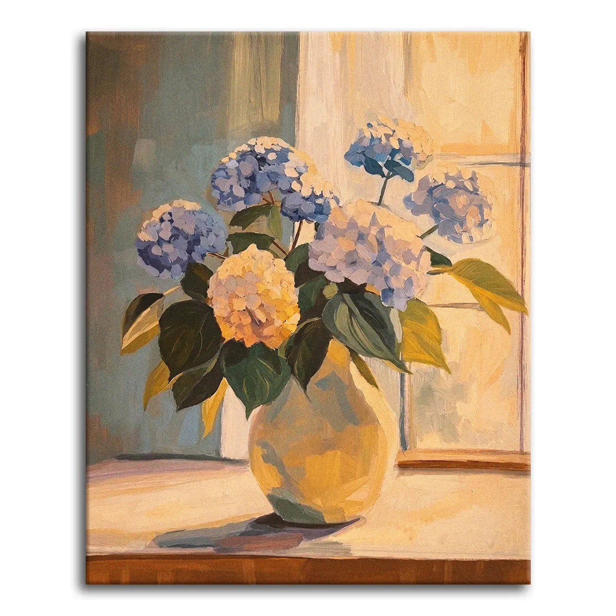 A soft impressionist paint by numbers still life of blue and cream hydrangeas in a pale jug on a sunlit windowsill, with green leaves and a warm, light-filled background.