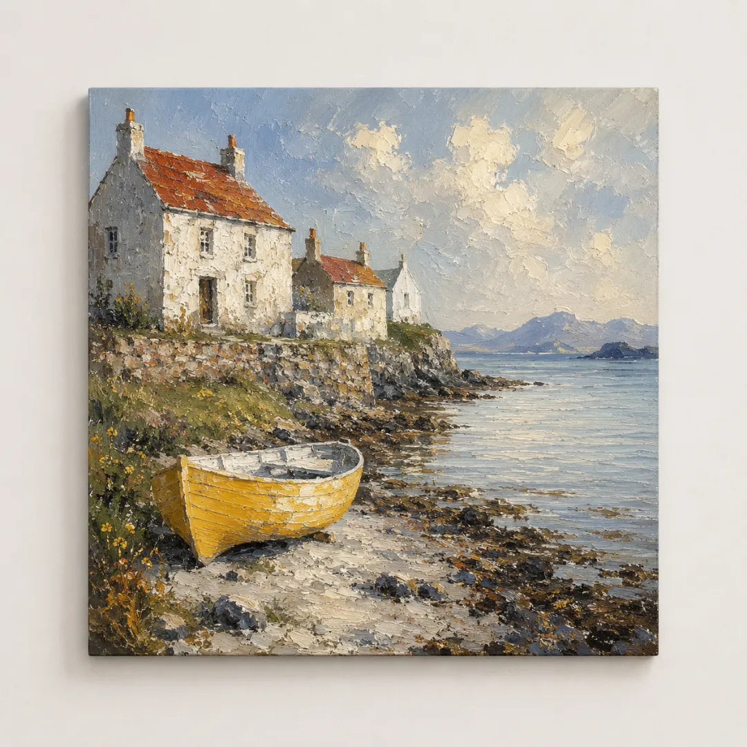 Oil Paint by Numbers featuring textured coastal village landscape with palette knife painting style