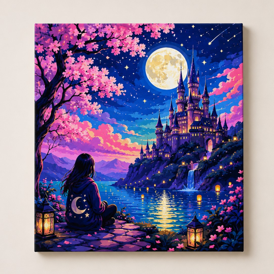 Paint by Number for Teens featuring fantasy moon castle and colorful night sky scene