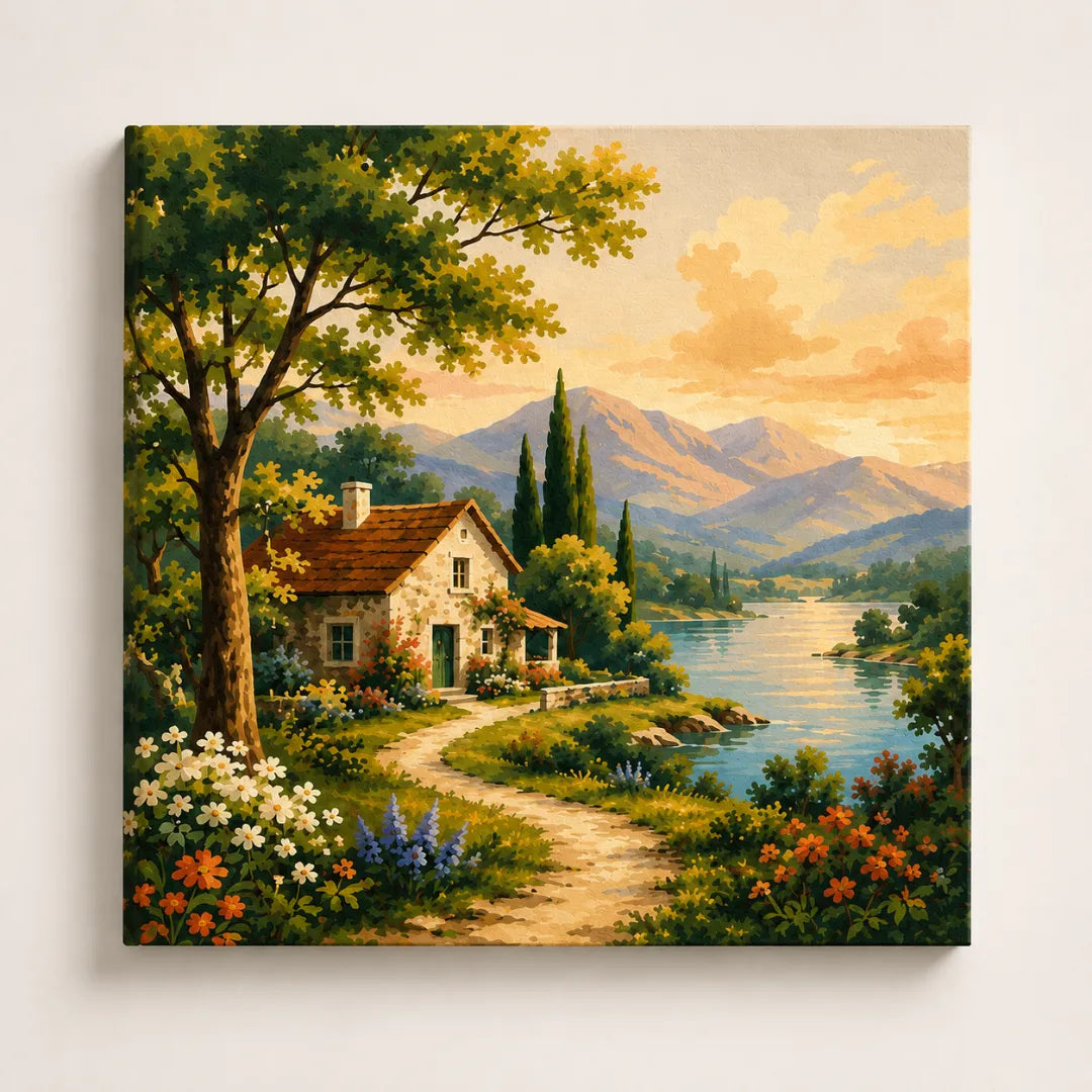 Paint by Numbers for Seniors featuring peaceful lakeside cottage and mountain landscape scene