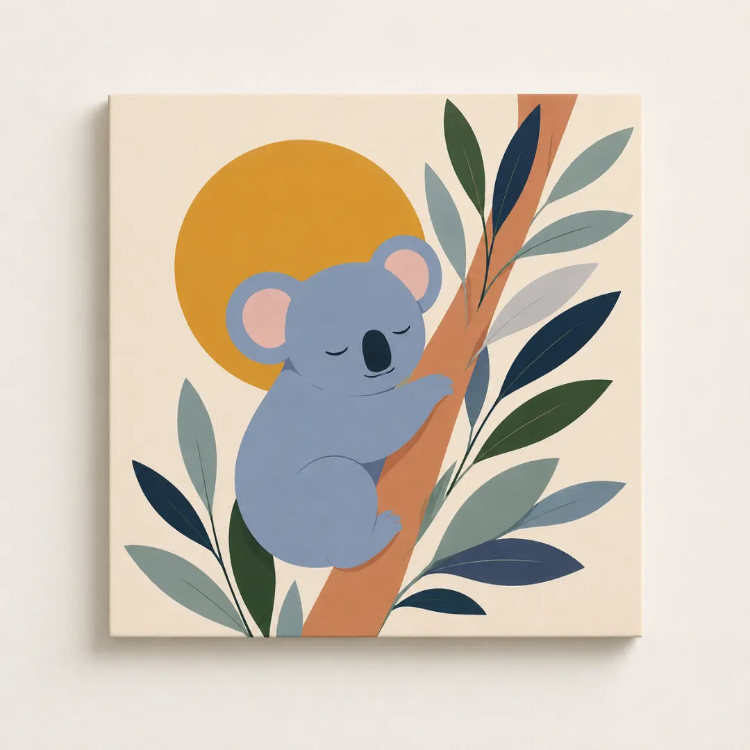 Paint by Numbers Kits for Kids featuring cute sleeping koala illustration with simple shapes and soft colors