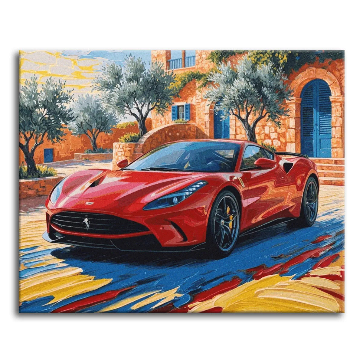 A paint by numbers canvas of a glossy red Ferrari sports car parked outside a stone Mediterranean villa, with olive trees and a colorful brushstroke road.