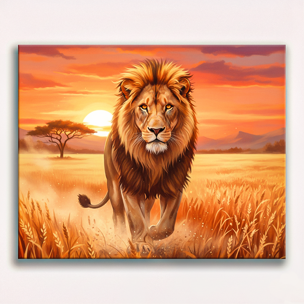 Lion Paint by Number Kits featuring majestic lion artwork with detailed mane and African wildlife scenery