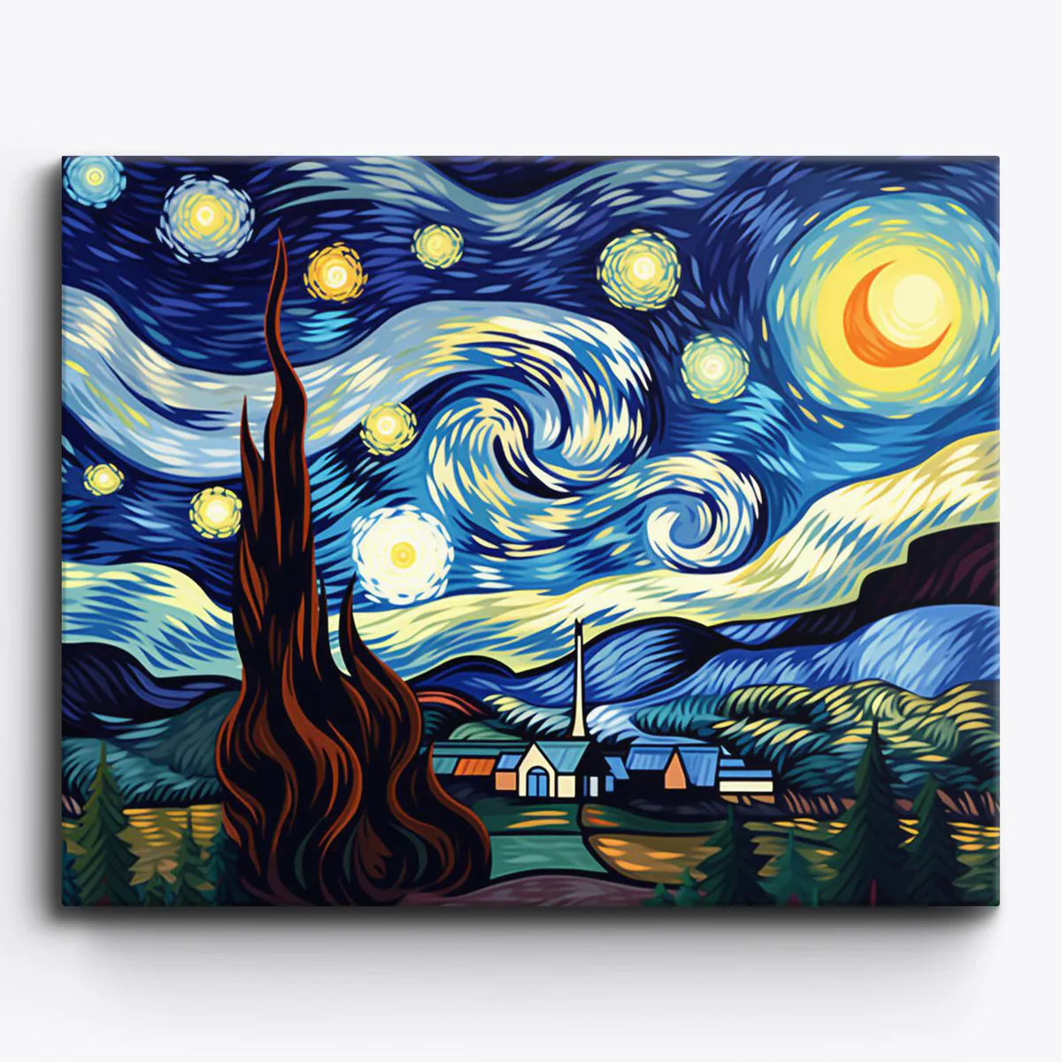 Paint by Numbers Van Gogh inspired night sky painting with swirling stars and village scene