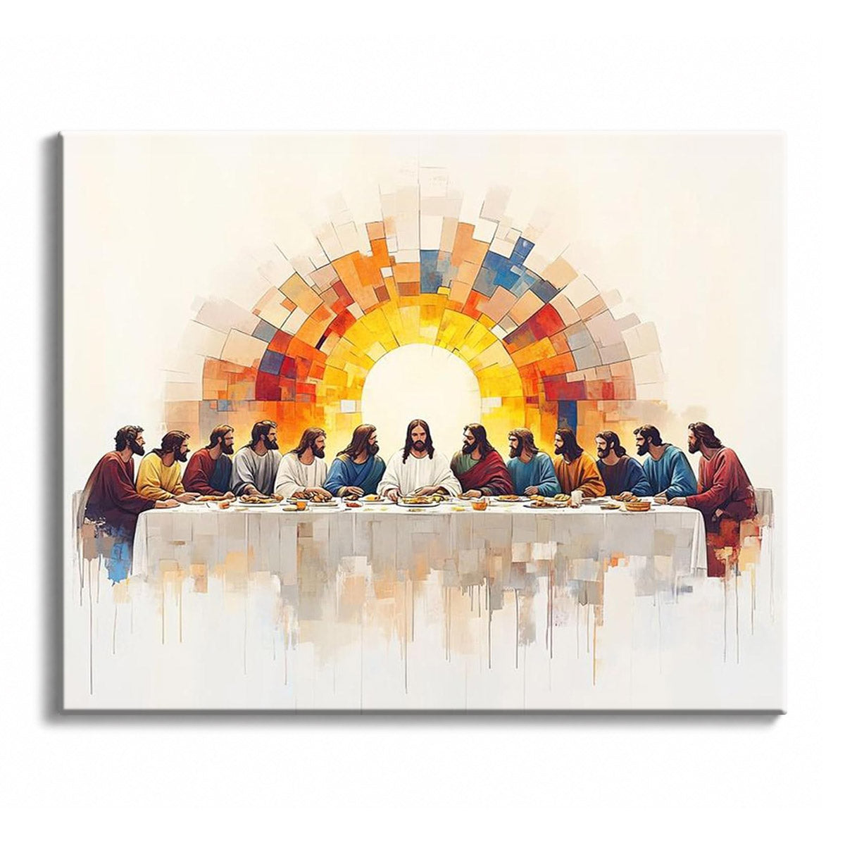 A paint by numbers canvas of The Last Supper reimagined in modern style, with Jesus and the apostles beneath a radiant mosaic sunburst of warm color.
