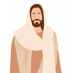 A paint by numbers canvas of a minimalist portrait of Jesus in soft cream and tan tones on a clean white background.
