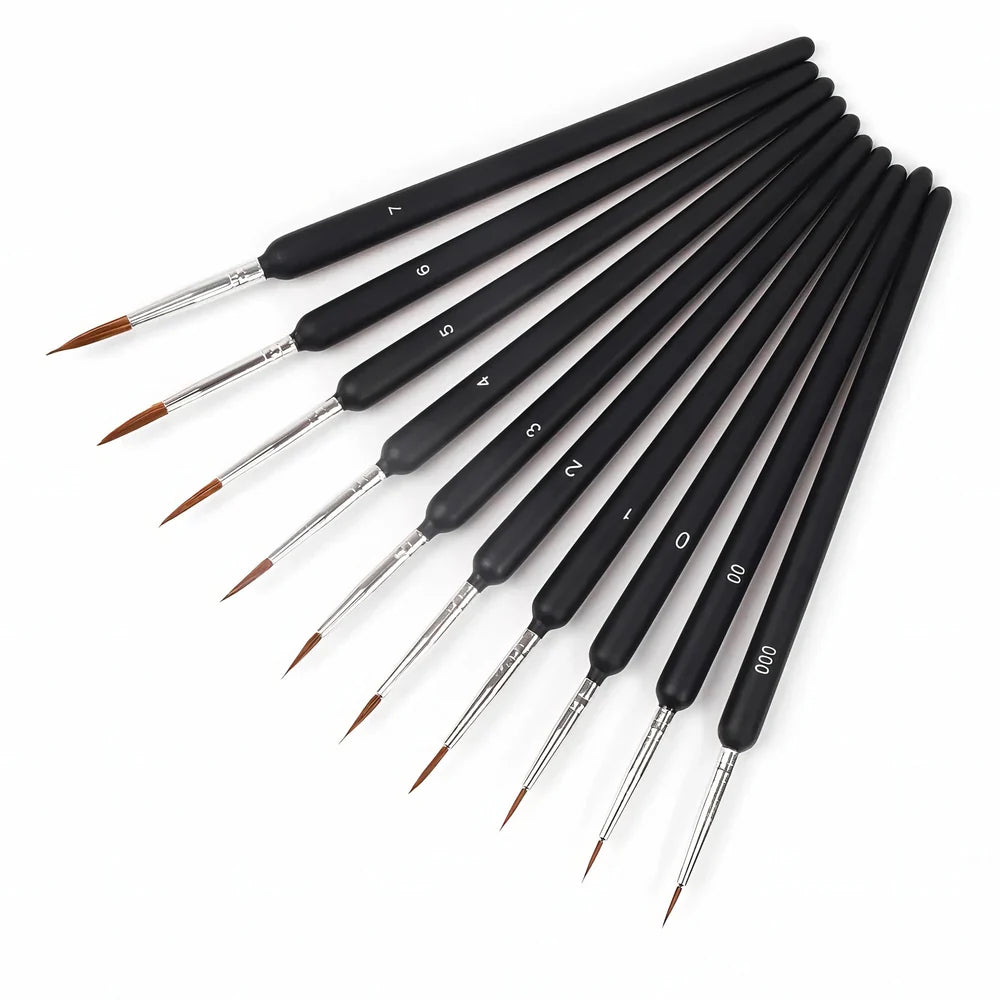 10-piece miniature paint brush set with black handles and fine pointed tips in assorted sizes from 000 to 7.