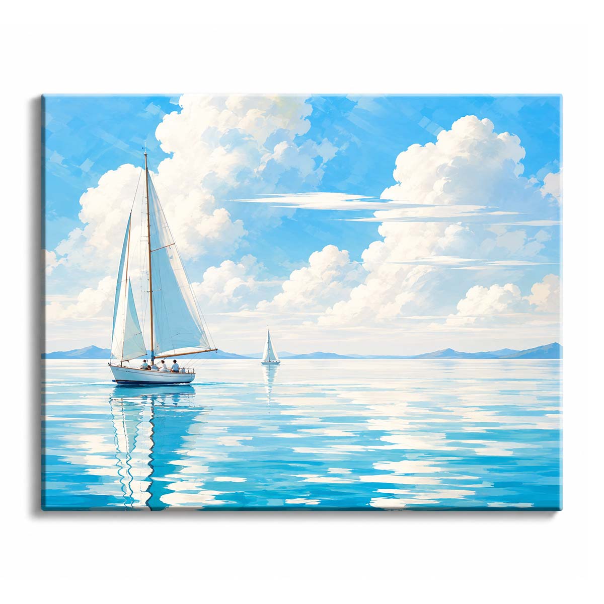 A calm seascape paint by numbers design of two white sailboats on flat blue water under large soft clouds.