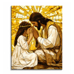 A paint by numbers canvas of Jesus kneeling in prayer with a young girl in golden stained-glass style, foreheads nearly touching, hands joined, bathed in amber light.