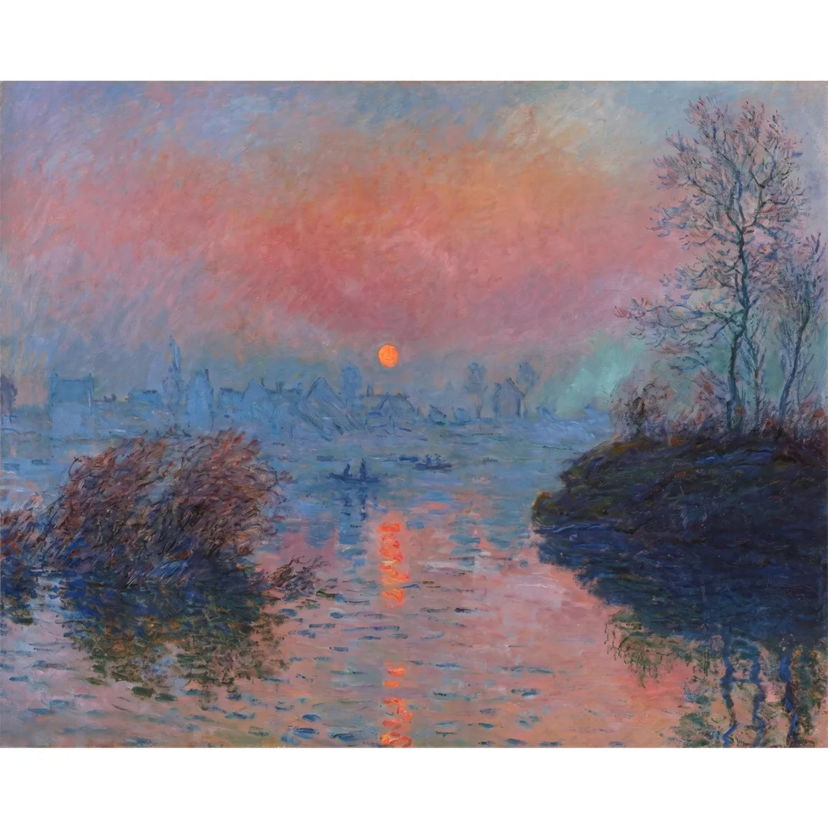 A paint by numbers version of Monet's Sunset on the Seine at Lavacourt, with an orange sun over a misty blue river and its red reflection on the water.