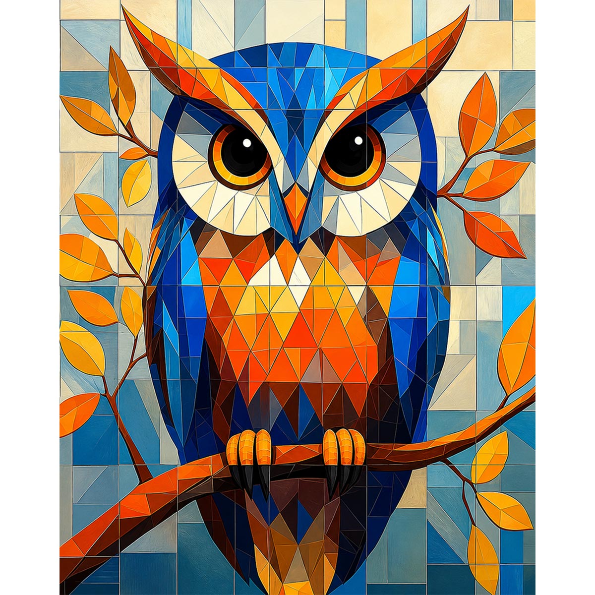 A paint by numbers canvas of a bold geometric owl built from blue, orange, and gold triangular facets, perched on a branch of autumn leaves.