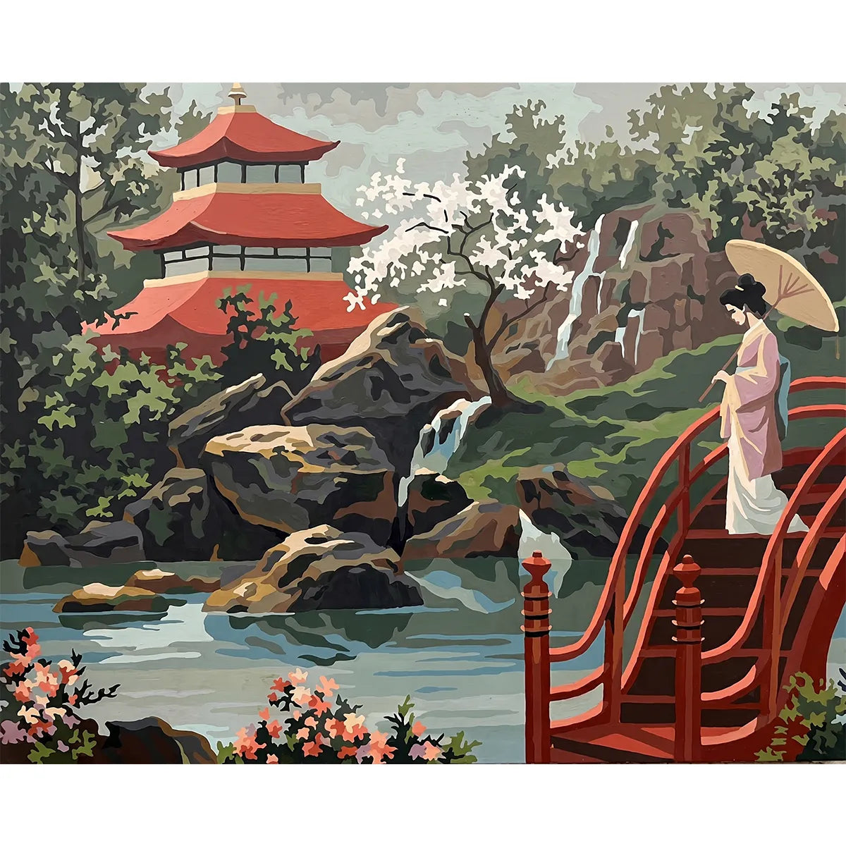Vintage Japanese Garden With Red Pagoda and Bridge-zoom-2