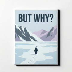 Minimalist flat graphic penguin on ice below geometric mountains with bold BUT WHY sans-serif text paint by numbers design.