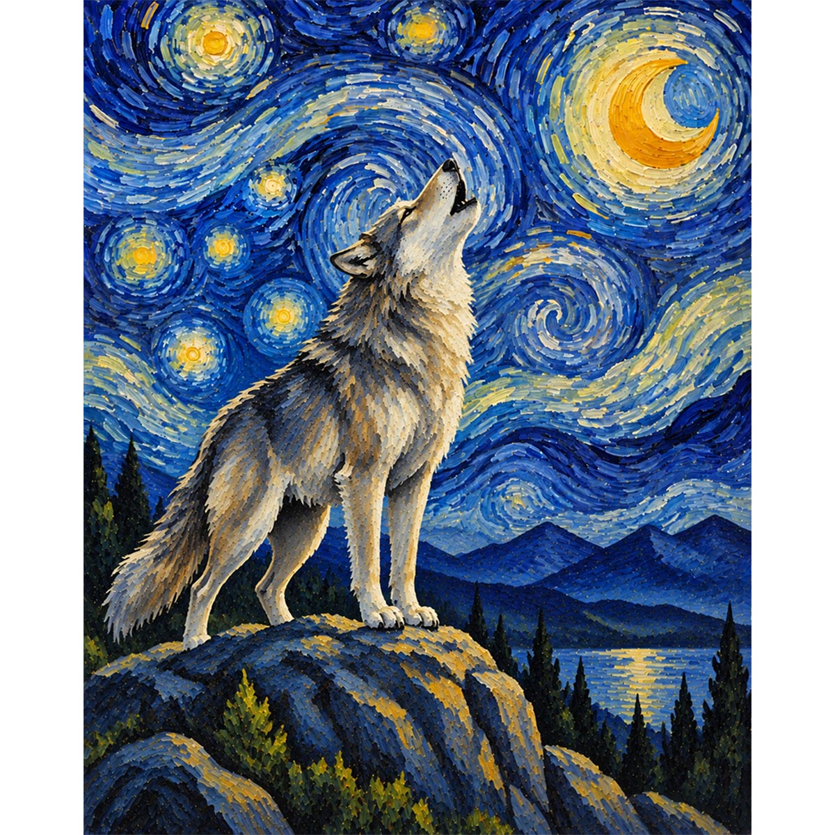 Van Gogh Style Howling Wolf Paint by Numbers Kit-zoom-2