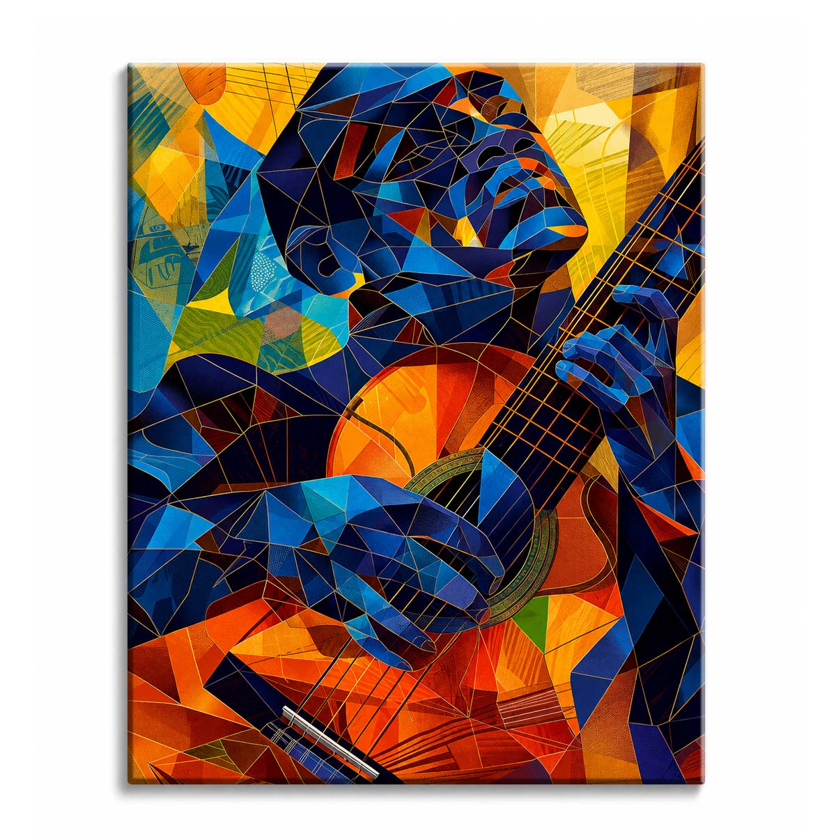 A guitar player paint by numbers design showing a musician and his instrument built from blue and orange geometric facets.