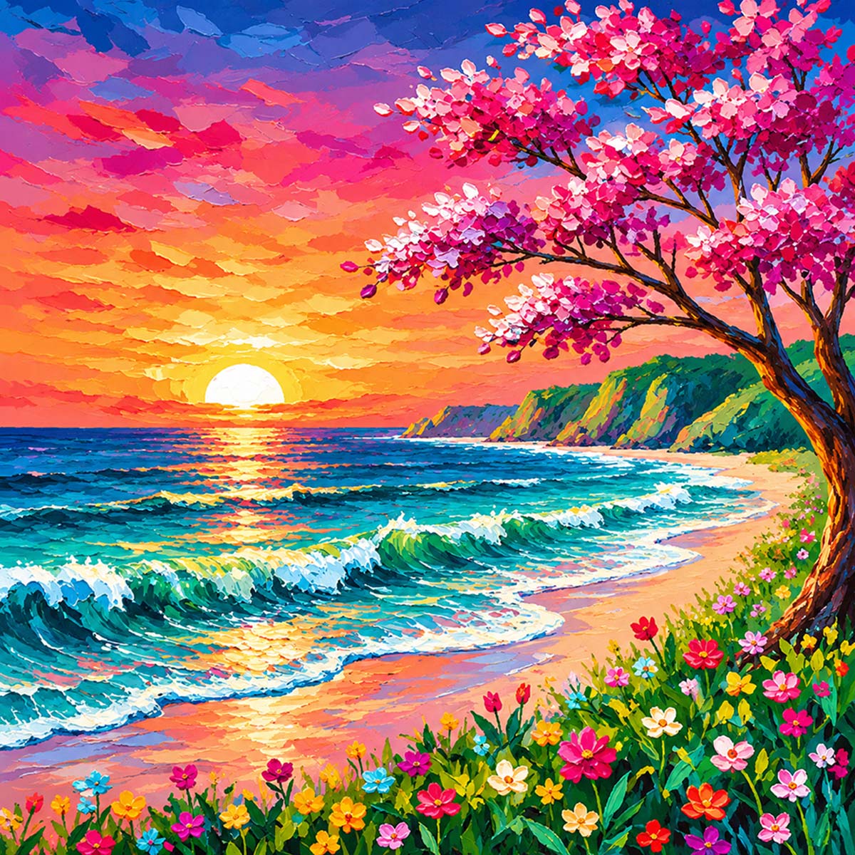 Sunset Beach with Blossoms Mini Paint by Numbers Kit-2
