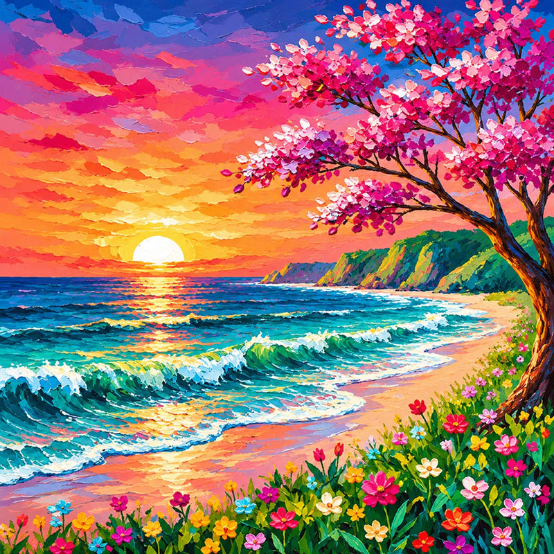 Sunset Beach with Blossoms Mini Paint by Numbers Kit-zoom-