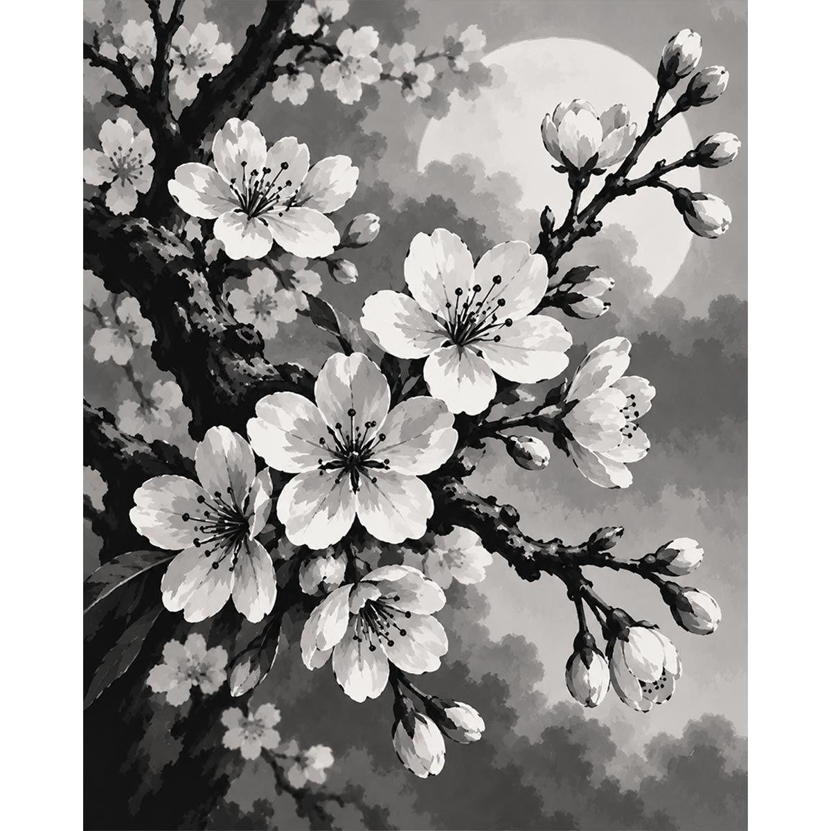 Black and White Cherry Blossom Paint by Numbers Kit