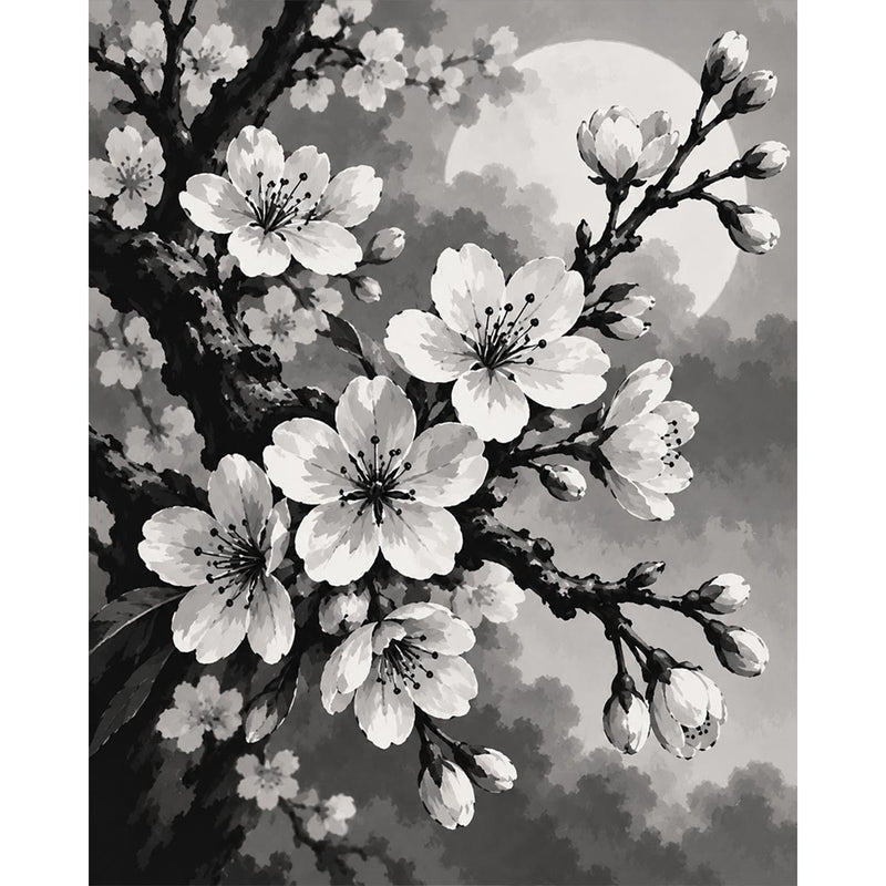 Black and White Cherry Blossom Paint by Numbers Kit-zoom-
