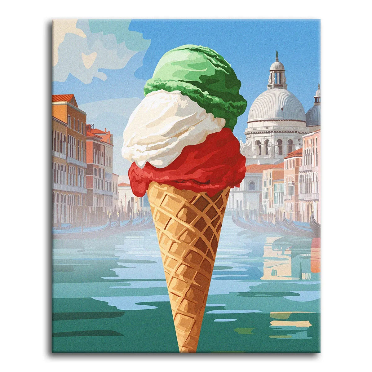 A paint by numbers canvas in poster style of a large green, white, and red gelato cone held up against Venice's Grand Canal, with domes and gondolas behind.