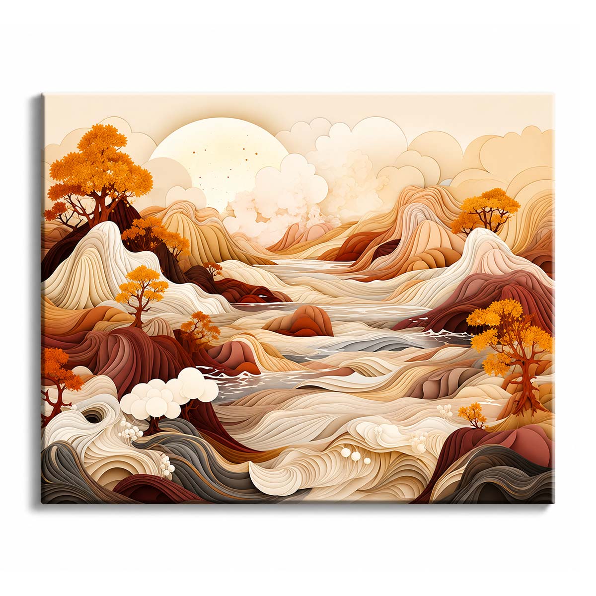 Layered bands of rust, cream and orange form folded hills and a winding river beneath a pale sun, in a paint by numbers design.