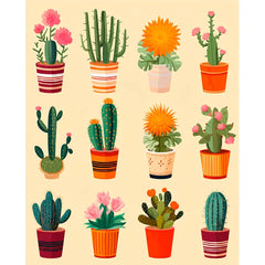 Twelve potted cacti and succulents in striped and terracotta pots arranged in a grid on a warm cream background, shown as a paint by numbers canvas.