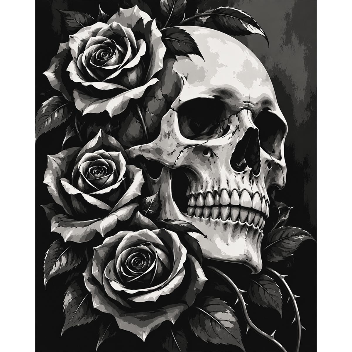 Black and White Skull and Roses Paint by Numbers Kit