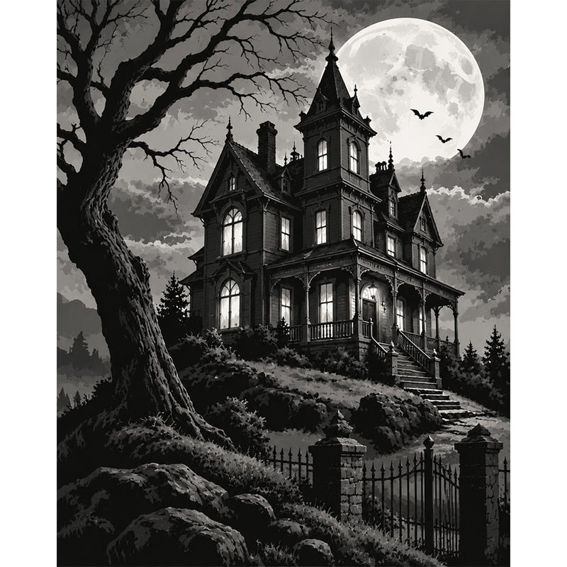 Black and White Haunted House Paint by Numbers Kit-zoom-
