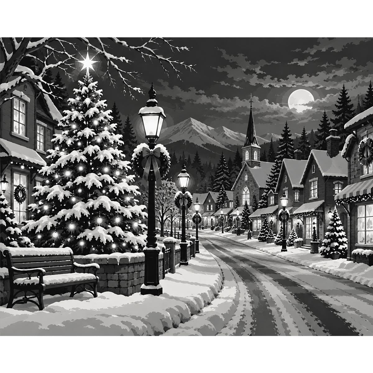 Black and White Christmas Village Paint by Numbers Kit-zoom-2