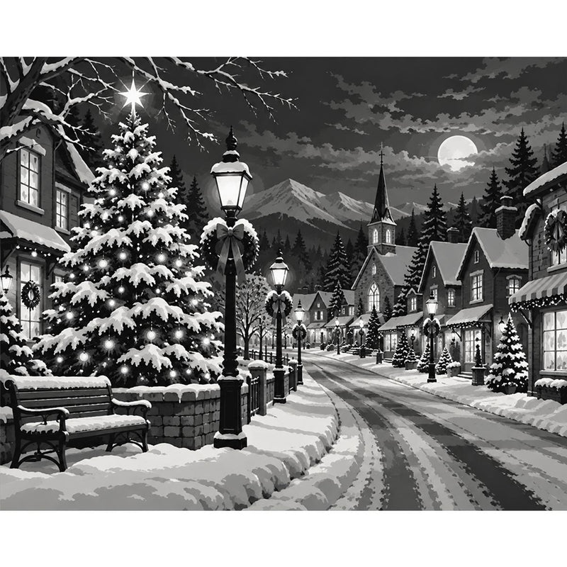 Black and White Christmas Village Paint by Numbers Kit-zoom-