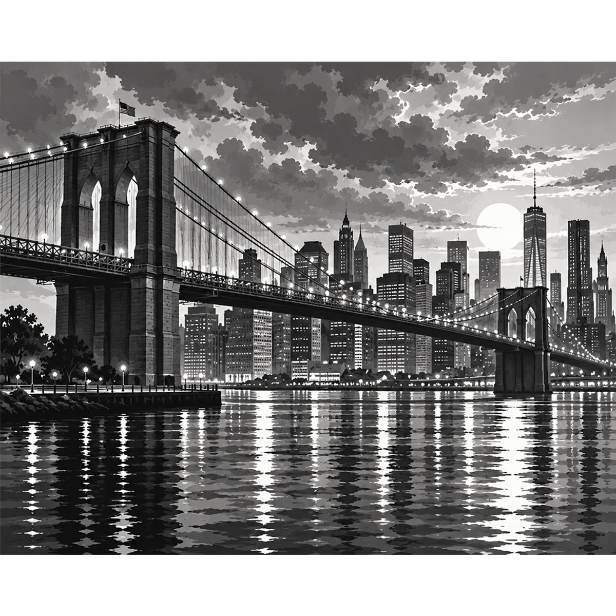 Black and White Brooklyn Bridge Paint by Numbers Kit-zoom-2