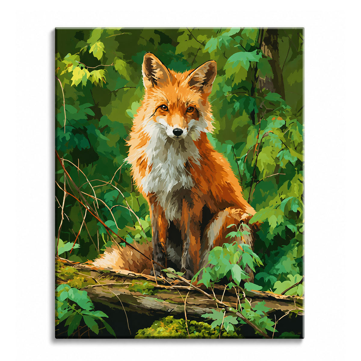 A red fox sitting on a mossy fallen log surrounded by dense green summer foliage, shown as a paint by numbers canvas.