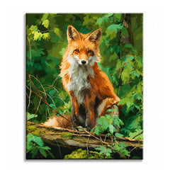 A red fox sitting on a mossy fallen log surrounded by dense green summer foliage, shown as a paint by numbers canvas.