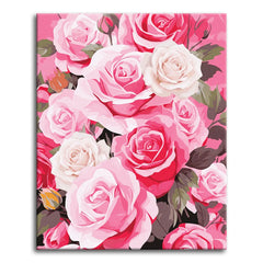 Full pink and white roses packed edge to edge from deep rose to soft blush with dark green leaves behind, shown as a paint by numbers canvas.