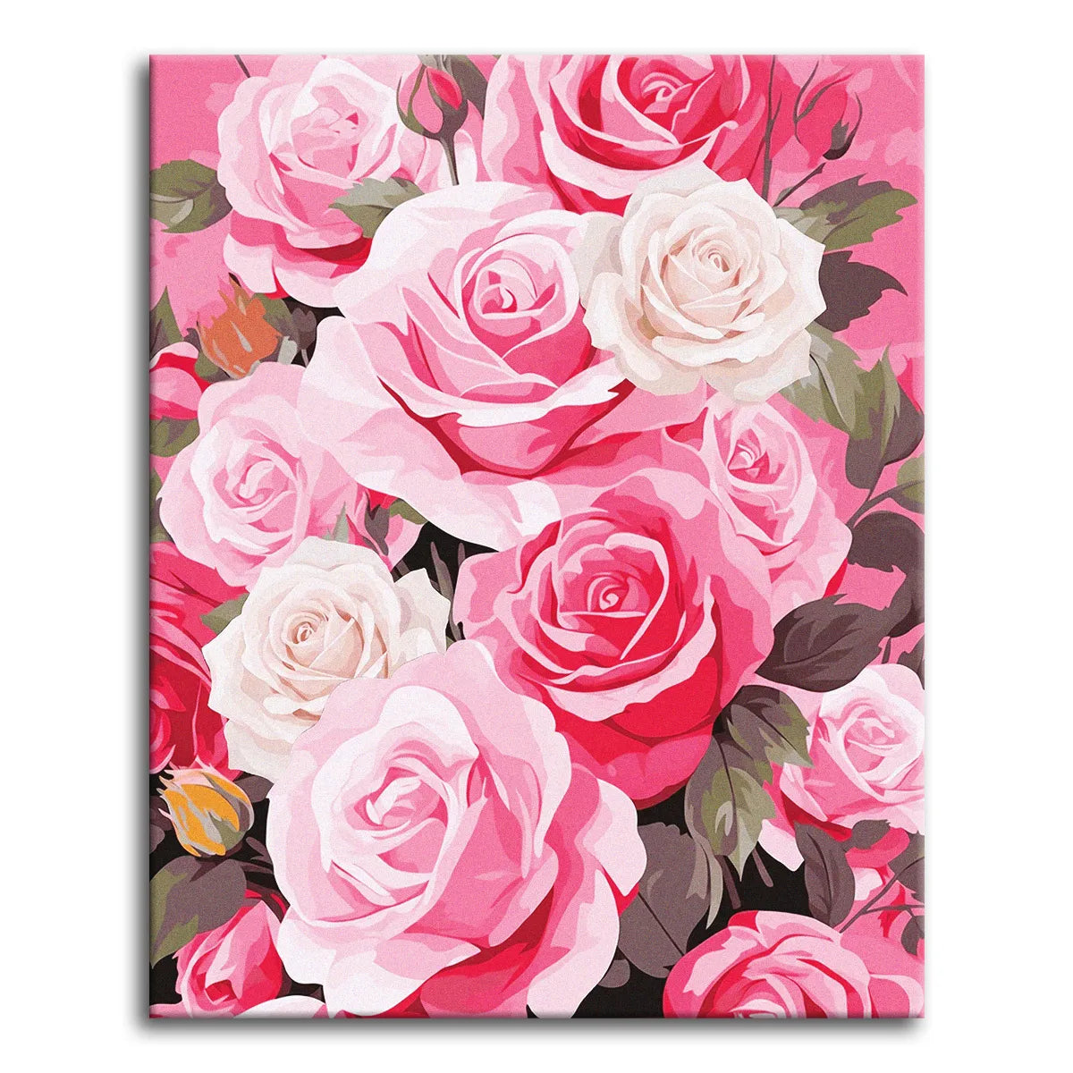 Full pink and white roses packed edge to edge from deep rose to soft blush with dark green leaves behind, shown as a paint by numbers canvas.