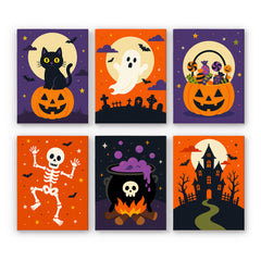 Under full moons, a black cat, a dancing skeleton, and a ghost fill six bold orange and purple designs, in a halloween paint by numbers mini set.