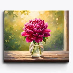 Pink peony in glass vase paint by numbers design with soft window light
